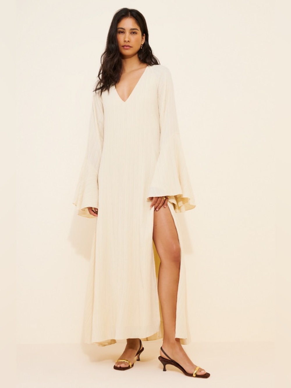 Anthro En Elly Long Sleeve V-Neck Maxi Slip Dress Small Side Slit Cottagecore